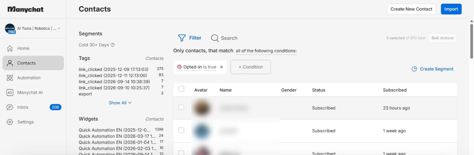 The Opted-in is true filter and its contact count.